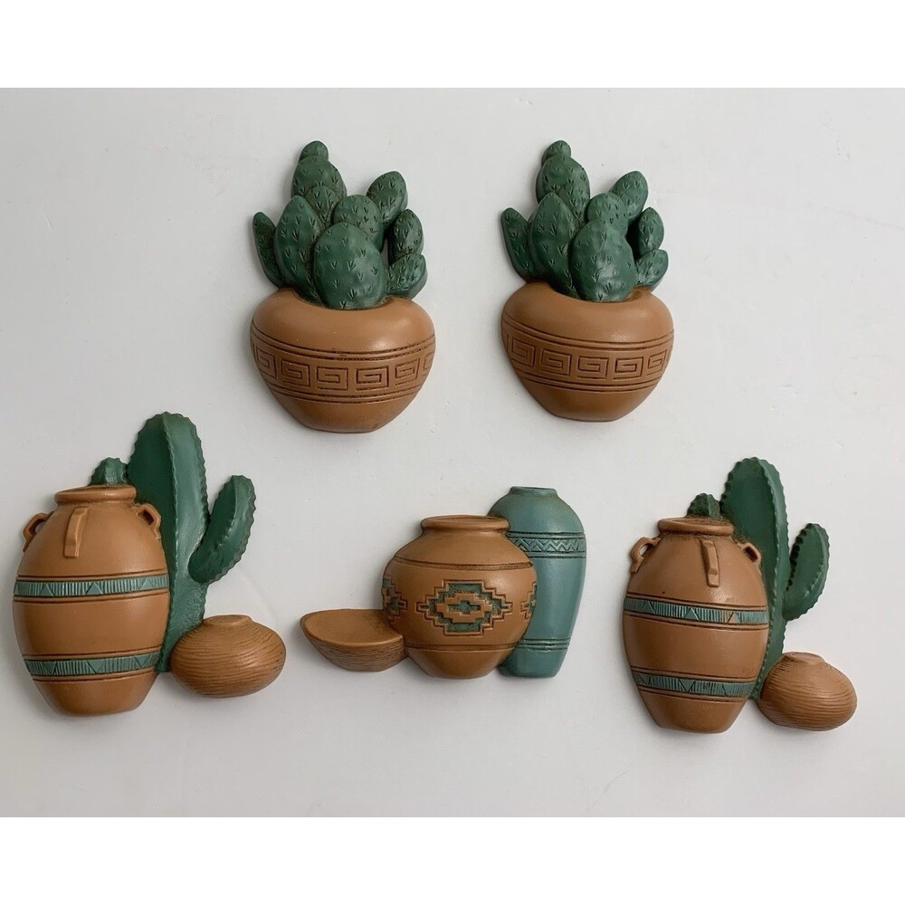 Burwood Southwest Western Wall Art Decor Plaques Lot of 5 Pots & Cactus Vintage